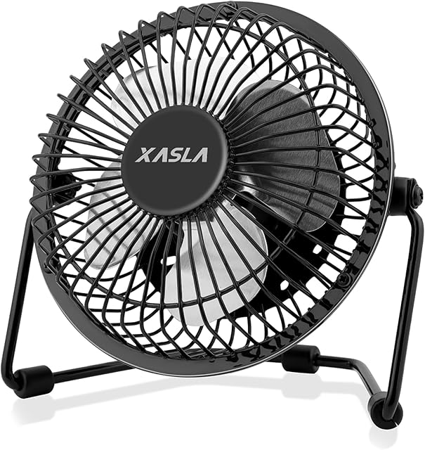 xasla 4 Inch Small USB Desk Fan, Mini Quiet Fan with Metal Construction & Strong Airflow & 360°Adjustable Tilt Angle, Personal Cooling Fan for Desktop Office (Black)…