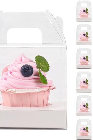 30 PCS Individual Cupcake Containers Single Cupcake Boxes with Handle and Inserts Clear Plastic Favor Boxes