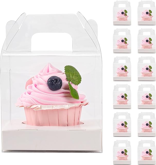 30 PCS Individual Cupcake Containers Single Cupcake Boxes with Handle and Inserts Clear Plastic Favor Boxes