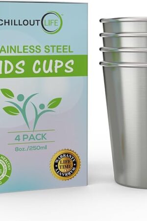 CHILLOUT LIFE 4-Pack Stainless Steel Cups for Kids & Toddlers, 8 oz | BPA Free | Unbreakable Metal | For Home & Outdoors | Stainless Steel Cups