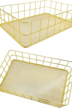 2Pcs Gold Basket Bathroom Gold Organizer Storage Basket For Decor Desktop Exquisite Vanity Dresser Ornament Office Stationery Home(9.65*6.5*2.75inch)