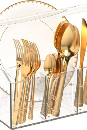 Acrylic Utensil Caddy.Silverware Organizer & Utensil Holder-Heavy-Duty Countertop Cutlery Caddy for Spoons, Forks, Knives, Napkins, Plates | Space-Saving Table, Buffet, Picnic Party Essential