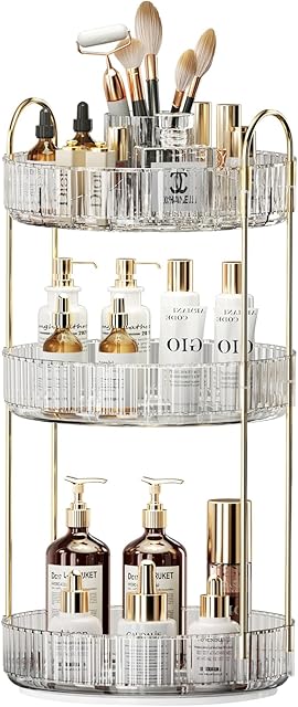 360° Rotating Makeup Organizer, Large-Capacity Skincare Make Up Storage 3 Tier Perfume Organizers Cosmetic Dresser Organizer with Makeup Brush Holder, Fits Bedroom, Bathroom, Vanity Shelf Countertop
