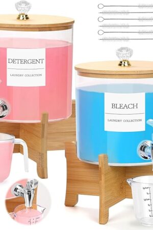 2Pcs Laundry Detergent Dispenser, Laundry Soap Dispenser with Stand, Faucets Acrylic Laundry Detergent Container for Laundry Room Liquid Detergent, Bleach, Fabric Softener Organization and Storage