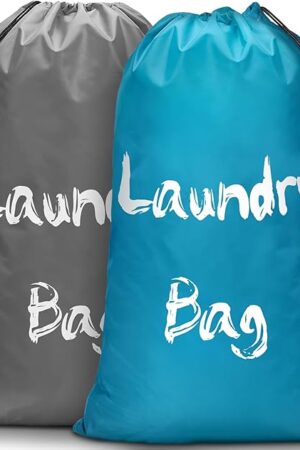 2Pcs XL Travel Laundry Bag for Dirty Clothes, Extra Large Heavy Duty Organizer with Drawstring, Cruise Ship Camping Travel Road Trip Vacation Essentials Must Haves 2024 for Kids Girl (Gray + Sky Blue)