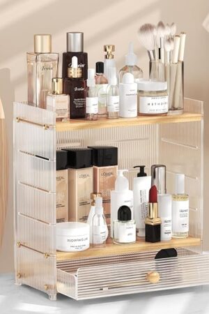 Bathroom Countertop Organizer with Drawer, 2-Tier Bathroom Organizers and Storage, Retro Acrylic Makeup Organizer with 4 Adjustable Height, Easy to Install, Ideal Gift