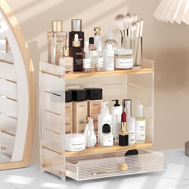 Bathroom Countertop Organizer with Drawer, 2-Tier Bathroom Organizers and Storage, Retro Acrylic Makeup Organizer with 4 Adjustable Height, Easy to Install, Ideal Gift