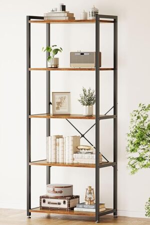 Casaottima Book Shelf, 5 Tier Bookshelf, Modern Wood Bookcase Shelves for Bedroom, Industrial Display Shelf for Living Room Home Office Kitchen, Standing Shelving Unit Storage Organizer, Vintage