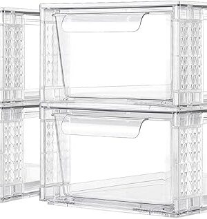 4 Pack Clear Stackable Storage Drawers, 3.95" H Easily Assemble Acrylic Organizer Bins - Multi-Use for Make up, Closet, Pantry, Bathroom, Medicine, Kitchen Cabinet & Undersink Organization