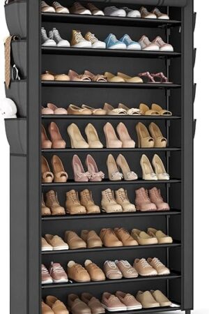 VTRIN Tall Shoe Rack with Cover, 10 Tier Shoe Organizer Storage for 50-55 Pairs Shoes and Boots Large Capacity Shoe Shelf with 8 Pockets Free Standing Shoe Rack for Closet, Entryway, Garage