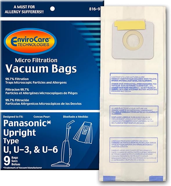 EnviroCare Replacement Micro Filtration Vacuum Cleaner Dust Bags Designed to fit Panasonic Types U, U-3, U-6, 9 bags