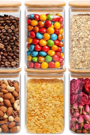 ComSaf 1.2 QT Glass Storage Containers with Lids, Glass Jars with Lids, Clear Food Jar, Square Canister Set of 6, Pantry Organizers and Storage for Cookie Flour Oat Pasta Tea Coffee Bean