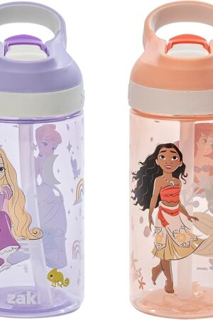 Zak Designs 2-Pack Disney Princess Kids Water Bottle 16oz with Straw | Leak-Proof Spout Cover | Handle for Easy Carrying | For School or Travel | Durable Plastic | Ariel, Cinderella, Moana, Rapunzel Characters | Atlantic Design