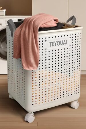 67L Rolling Plastic Collapsible Laundry Basket Cube Storage Bin Box Organizer with Wheels Handle Durable Ventilated Foldable Hamper for Bedroom Dirty Clothes Large Capacity