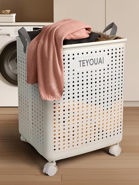 67L Rolling Plastic Collapsible Laundry Basket Cube Storage Bin Box Organizer with Wheels Handle Durable Ventilated Foldable Hamper for Bedroom Dirty Clothes Large Capacity