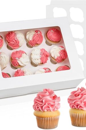 12 Count Cupcake Boxes, 4 Pack Auto-Popup White Cupcake Containers with Window and Inserts Cupcake Carrier with Holders to Fit Dozen Cupcakes and Muffins