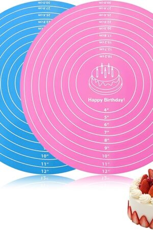 2 PCS 12 Inch Silicone Cake Mat Round Silicone Baking Mat with Measurements Pink Blue Reusable Non-Stick Sheets Heat Resistant Cookie Pad for Baking Pizza Pan Rolling Dough Pastry (Red +Blue)