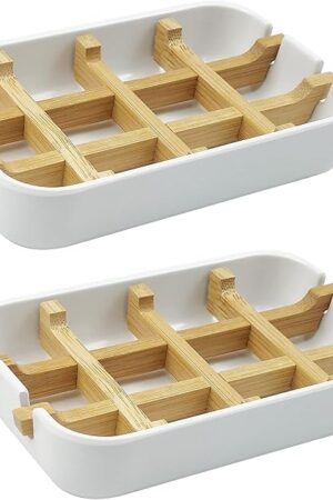 2 Pack Bamboo Soap Dish, Self-Draining Soap Box, Wooden Bamboo Bar Soap Holder for Shower, Bathroom, Kitchen, Bathtub, Bar Sink (White)