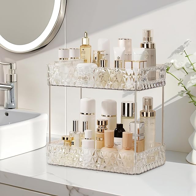 Clear 2 Tier Makeup Organizer Skincare Organizer Cosmetic Display Case for Vanity Bathroom Countertop