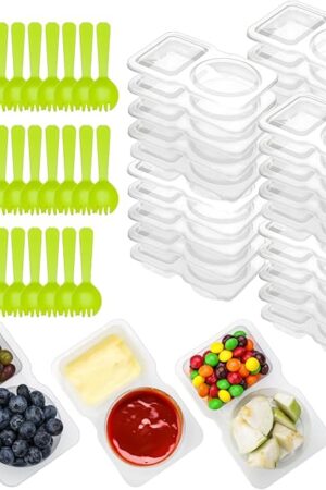 64 Pcs Reusable Snack Containers, 32 Sets Condiment Container and 32 Spoon, Double Compartment Dipping Containers with Lids, Portion Control, Outdoor Takeaway Sauce Dip Case, BPA-Free, Microwave Safe