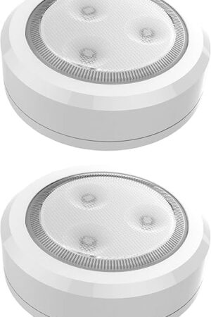 Brilliant Evolution Ultra Thin Wireless LED Touch Lights - Battery Operated Under Cabinet Lighting - Round Puck Lights for Closet, Countertop - Stick On Push Light for Home Decor - Pack of 2