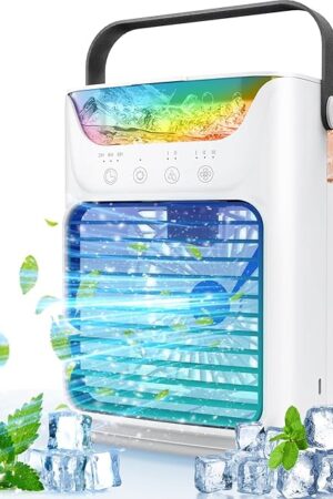 Asingleer Portable Air Conditioners, 3 Speeds & 7 LED Lights Portable AC, 4 in 1 Mini Air Conditioners with 650ml Large Water Tank, Evaporative Personal Desktop Cooling Fan for Room/Car/Home/Camping