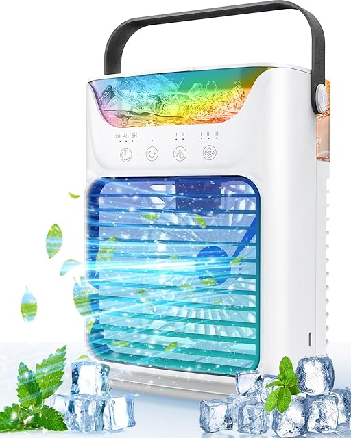 Asingleer Portable Air Conditioners, 3 Speeds & 7 LED Lights Portable AC, 4 in 1 Mini Air Conditioners with 650ml Large Water Tank, Evaporative Personal Desktop Cooling Fan for Room/Car/Home/Camping