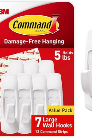 Command 5 lb Large Utility Hooks, 7 Wall Hooks and 12 Command Strips, Damage-Free Hanging with Adhesive Strips, No Tools for Hanging, Organization and Storage