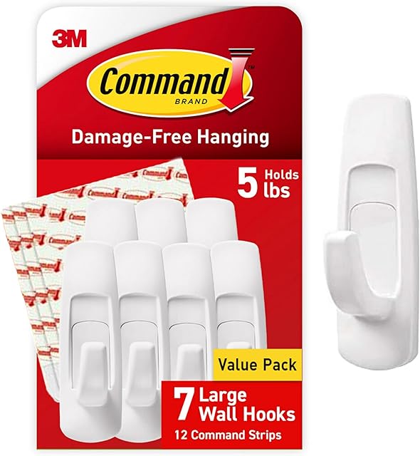 Command 5 lb Large Utility Hooks, 7 Wall Hooks and 12 Command Strips, Damage-Free Hanging with Adhesive Strips, No Tools for Hanging, Organization and Storage