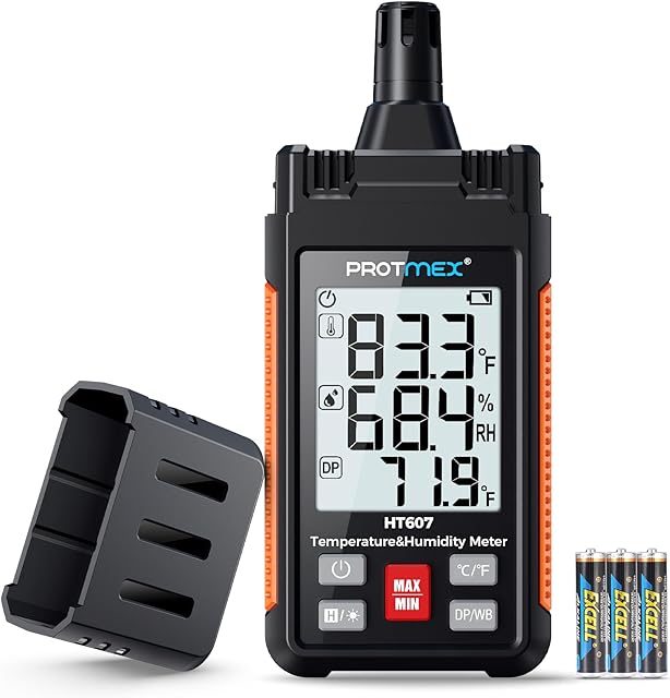 HT607 Temperature Humidity Meter High Precision Digital Hygrometer with Ambient, Relative Humidity, Dew Point, Wet Bulb Thermometer, Min/Max Hold, LCD Backlight with Cover Protector