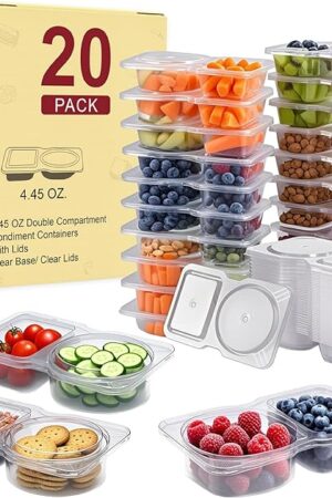 20 Pack Reusable Snack Containers with Lids, Double Compartment Snack Containers for kids & Adults -2 Compartment Condiment Containers, Dishwasher & Microwave Safe, for Portion Control, Meal Prep