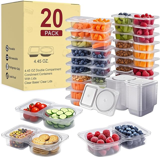 20 Pack Reusable Snack Containers with Lids, Double Compartment Snack Containers for kids & Adults -2 Compartment Condiment Containers, Dishwasher & Microwave Safe, for Portion Control, Meal Prep