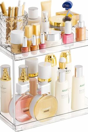 Yieach 2 Tier Bathroom Counter Organizer,Tiered Bathroom Organizer for Makeup,Perfume,Beauty Products,Skincare Organizers Shelf,Vanity Storage Tray for Bedroom,Spice Racks for Kitchen Corner,Rectangle