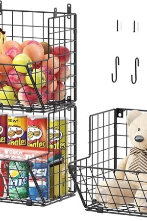 X-cosrack Metal Wire Basket Wall Mount, 3 Tier Wall Storage Organizer with 5 S Hooks, Kitchen Fruits and Vegetables Bin Toys Organizer Hanging Basket Black (S (10.83" L x 10.63" W x 30" H))