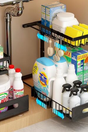 ADBIU Under Sink Organizer(10 Seconds Installation), 2 Packs 2 Tier Expandable Height (11"" - 16"") Under-Sink Organizers Slide out Pull out Organizer Shelf, Black