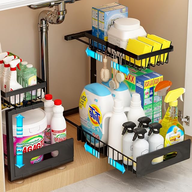 ADBIU Under Sink Organizer(10 Seconds Installation), 2 Packs 2 Tier Expandable Height (11"" - 16"") Under-Sink Organizers Slide out Pull out Organizer Shelf, Black