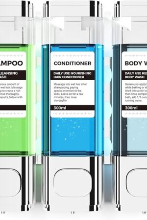 3-Chamber Wall Mounted Shampoo and Conditioner Dispenser,300ML Each Shower Soap Dispenser,Easy Refill,No Drip,Ideal for Shampoo,Conditioner,Body Wash for Bathroom Kitchen Hotel