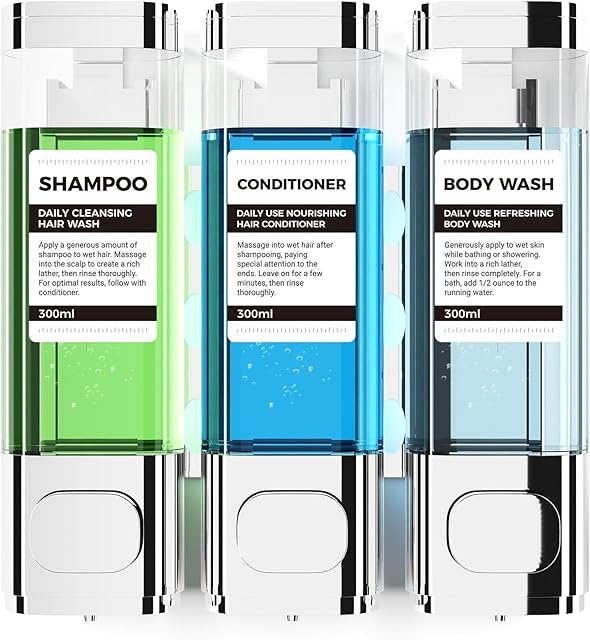 3-Chamber Wall Mounted Shampoo and Conditioner Dispenser,300ML Each Shower Soap Dispenser,Easy Refill,No Drip,Ideal for Shampoo,Conditioner,Body Wash for Bathroom Kitchen Hotel