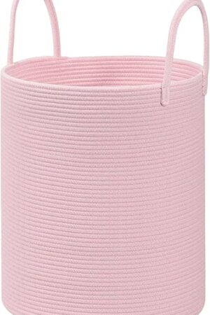 Cotton Rope Laundry Basket Hamper for Girls Kids Baby Nursery Hamper Bin Woven Blanket Basket for Living Room cute baby laundry basket Storage Basket for Nursery Toy Storage Bin&Box(Pink)