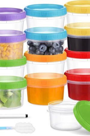 8 oz Plastic Containers with Lids, 12 Pack Stackable Small Freezer Container, Reusable Clear Food Storage Meal Prep Containers for Snack Fruit, Microwave & Dishwasher Safe, with Pen & Brush
