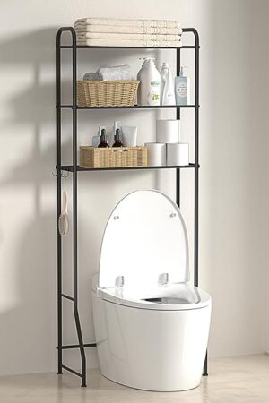 ASHLEYRIVER Over The Toilet Storage Rack, 3-Tier Storage Rack Toilet Adjustable Shelf Rack with Hooks & Roll Holder,Steel Black