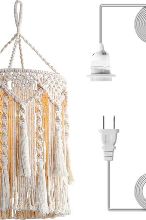 Bioaqua Boho Lamp Shade,Boho Hanging Lamp Handmade Macrame Lamp Shade Plug in Pendant Light,Bohemian Hanging Lights with Plug in Cord Light Fixtures for Boho Bedroom Decor Living Room (Type 3)
