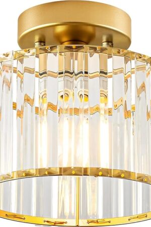 Crystal Gold Semi Flush Mount Ceiling Light, Modern Hallway Light Fixture, Metal Close to Lamp for Bathroom Entryway Bedroom Kitchen(8.66 inch)
