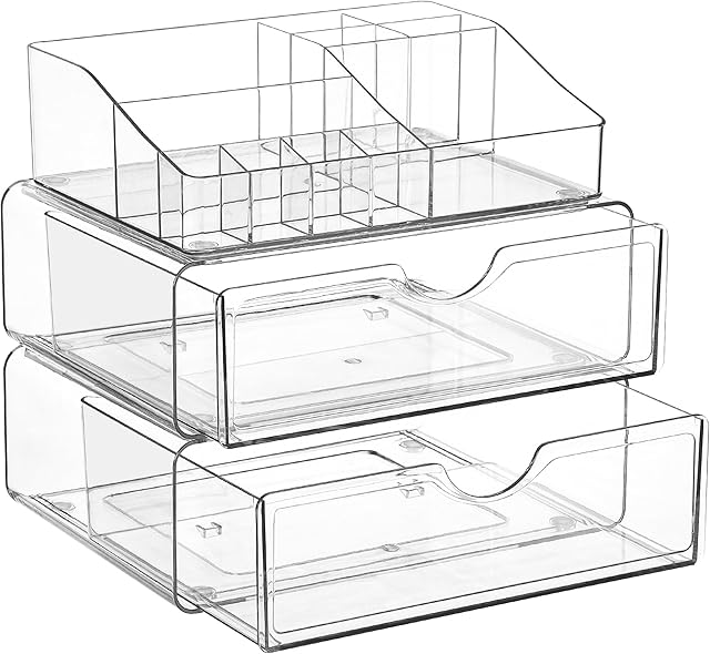 Vtopmart 3 Tier Clear Makeup Organizer with Drawer, Cosmetic Storage for Dresser Countertop and Bathroom Vanity, Beauty Holder for Lipstick Brush Skincare