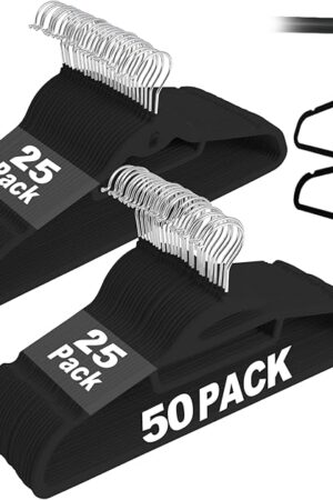 Black Velvet Hangers 50 Pack, S-Shaped and Stackable Non Slip Felt Hanger with 360°Swivel Hook, Ultra Thin and Space Saving Flocked Hangers for Suits, Shirts, Coats, 15Lbs Capacity Heavy Duty