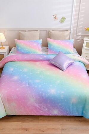 A Nice Night 6Pcs Gradient Glitter Bedding Set for Girls Full Size, Colorful Rainbow Galaxy Comforter Set, Ultra Soft Bedding Sets, Pink