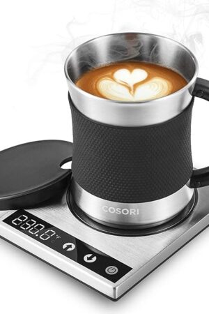COSORI Coffee Mug Warmer & Mug Set for Desk, Cup Heater, Office & Christmas Gifts, 1°F Precise Temperature Control, Touch Tech & LCD Digital Display (77-194℉), 304 Stainless Steel, Silver/Black