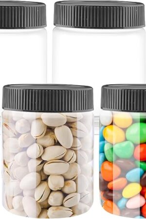 4Pack 10 Oz Clear Plastic Halloween Candy Jars with Black Lids Refillable Kitchen Storage Containers for Dry Food Coffee Nuts and More