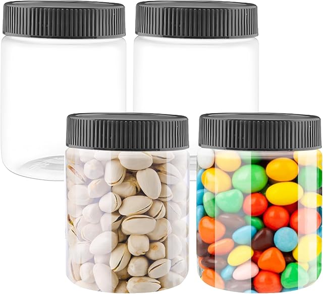 4Pack 10 Oz Clear Plastic Halloween Candy Jars with Black Lids Refillable Kitchen Storage Containers for Dry Food Coffee Nuts and More