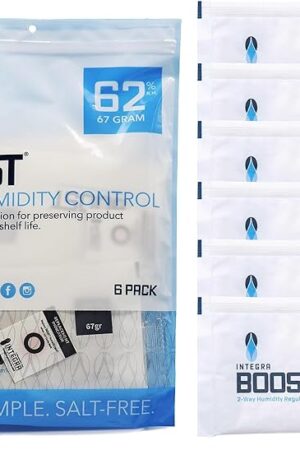62% RH Level - 67 Gram Size - Two-Way Humidity Control Pack - Incl. Replacement Indicator Cards - Food Storage & Herbs Moisture Balancer For Up to 1 LB (Pack of 6)